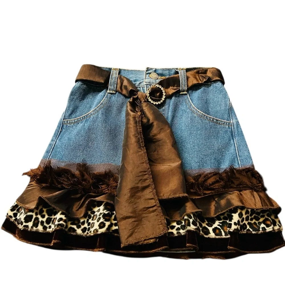 Greggy Girl Chic Denim Skirt with Brown and Leopard Accents Girl’s Size 6